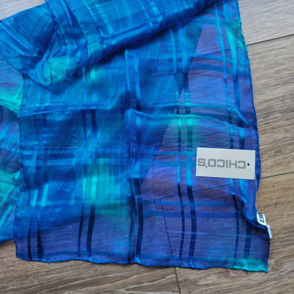 NWT Chico's Sheer Blue Geometric 100% Silk Scarf Teal Windowpane Oblong Stripe
